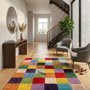 Luxus Handgefertigter Bunten Karierten Tufted Teppich | Moderner Patchwork Teppich mit Zottelmuster für Wohn- & Schlafzimmer