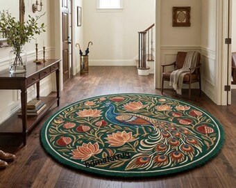 Elegant Hand-Tufted Peacock Floral Round Area Rug for Kitchen, Living Room & Home Décor