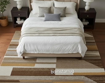 Modern Geometric Tufted Area Rug – Abstract Pattern in Beige, Brown & Mustard Tones.