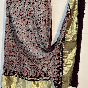 Ajrak Block Print Dupatta | Natural Dye Silk Stole | Indian Handcrafted Wrap | Ethnic Dupatta for Women | Wooden Block | Handmade Shawl