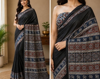 Handcrafted Modal Crepe Ajrakh Saree: Traditional Block Print Black Saree