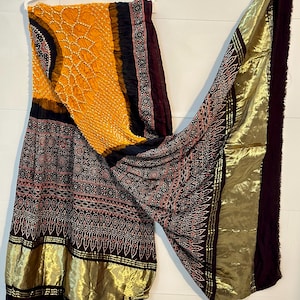 Ajrak Block Print Dupatta | Natural Dye Silk Stole | Ajrakh With Bandhani | Ethnic Dupatta for Women | Wooden Block | Handmade Shawl