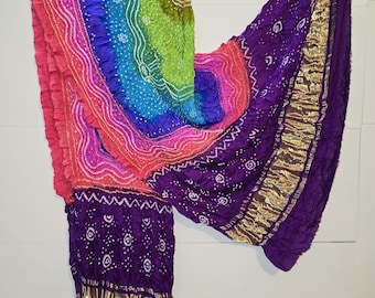 Boho Bandhani Gaji Silk Dupatta : châle indien teint à la main avec de l'or