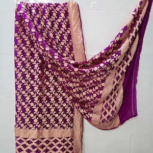 Magenta Georgette Banarasi Dupatta: Handcrafted Zari Border Indian Scarf
