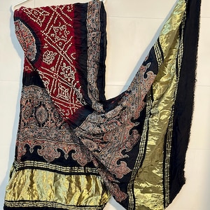 Ajrak Block Print Dupatta | Natural Dye Silk Stole | Ajrakh With Bandhani | Ethnic Dupatta for Women | Wooden Block | Handmade Shawl