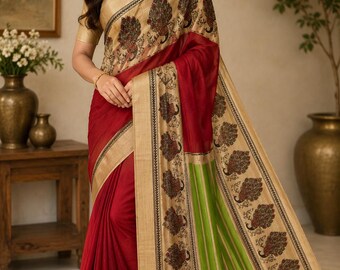 Red Khadi Cotton Saree | Peacock Block Print Design | Handwoven Indian Handloom Saree | Traditional Ethnic Wear