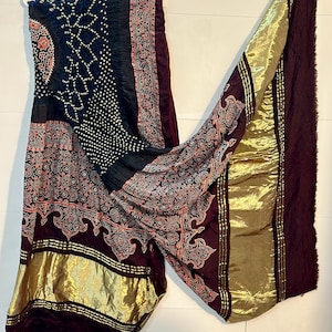 Ajrak Block Print Dupatta | Natural Dye Silk Stole | Ajrakh With Bandhani | Ethnic Dupatta for Women | Wooden Block | Handmade Shawl