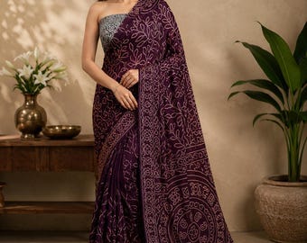 Handmade Bandhani Ajrakh Saree | Deep Purple Modal Crepe, Block Print