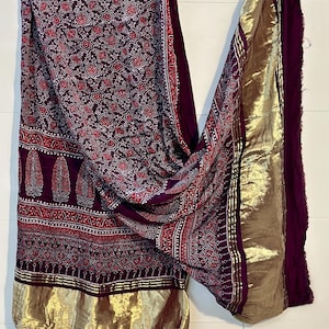 Ajrak Block Print Dupatta | Natural Dye Silk Stole | Indian Handcrafted Wrap | Ethnic Dupatta for Women | Wooden Block | Handmade Shawl