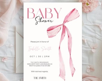 May include: A pink baby shower invitation with a watercolor illustration of a pink bow. The invitation reads "Baby Shower" in pink letters and includes the text "Please join in honor of Tsabella Smith" and details for the event.