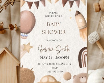 Neutral Boho Baby Shower Invitation | Cute Teddy Bear & Hot Air Balloon Theme | Editable Canva Template | Instant Digital Download