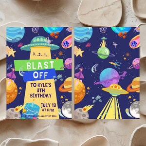 Faire-part d'anniversaire espace, 3 2 1, fête d'anniversaire envolée de fusée, planètes hors du commun modifiables, téléchargement numérique, modèle Canva