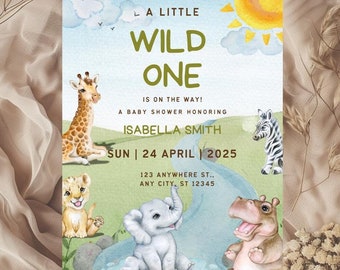 May include: A baby shower invitation with a jungle theme. The invitation features a giraffe, elephant, zebra, lion, and hippopotamus. The text on the invitation reads "A Little Wild One is on the way! A Baby Shower Honoring Isabella Smith Sun | 24 April | 2025 123 Anywhere St. Any City, ST 12345"