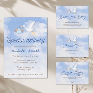 Editable Stork Baby Shower Invitation Bundle, Special Delivery, Stork Baby Shower Invite, Canva Template, Gender Reveal, Birth Announcement