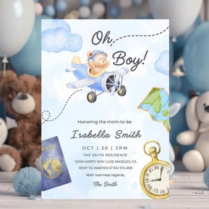 Oh Boy! Airplane Baby Shower Invitation | Travel-Themed Baby Shower | Adventure Baby Shower Invite | Blue Aviation Baby Shower Printable