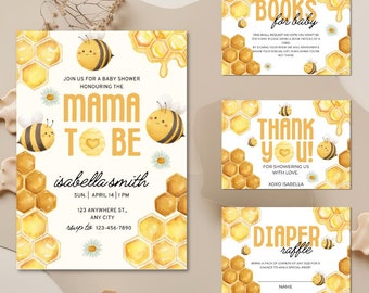 May include: A set of printable baby shower invitations with a bee and honeycomb theme. The invitations feature a yellow and white color scheme with watercolor illustrations of bees and honeycombs. The text on the invitations reads "Join us for a baby shower honoring the Mama to be Isabella Smith" and includes the date, time, and location of the shower. The invitations also include a thank you card and a diaper raffle card.