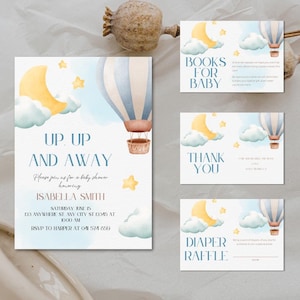 Up Up and Away Invite, Hot Air Balloon Baby Shower Invitation, Adventure Awaits, Up and Away Shower Invitation, Gender Neutral, Canva, Evite