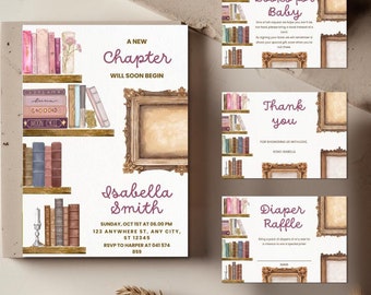 Editable Storybook Baby Shower Invitation Bundle, Books for Baby, Diaper Raffle, Thank You, A New Chapter, Book Baby Shower, Gender Neutral