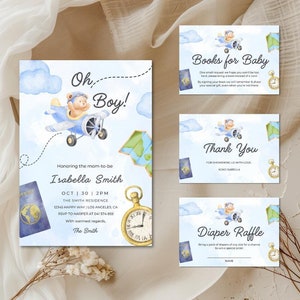 Editable Airplane Baby Shower Invitation Bundle, Up Up and Away, Blue Airplane Baby Shower, Travel Adventure Baby Shower, Instant Download