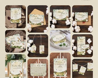 May include: A baby shower printable bundle featuring a woodland theme with a deer and floral design. The bundle includes a welcome sign, a thank you card, a diaper raffle card, a menu, a food label, a custom sign, a baby book card, and two gift tags.