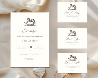 May include: A set of four baby shower cards with a rocking horse illustration. The cards include an invitation, a thank you card, a book for baby card, and a diaper raffle card.