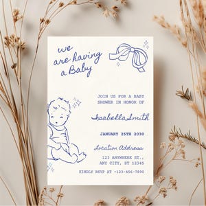 Editable Hand Drawn Baby Shower Invitation Template, Whimsical Baby, Handwritten Invite, Funky Scribble Invitation, Gender Reveal