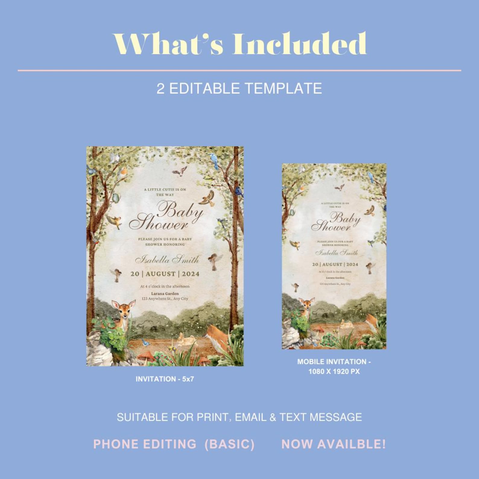 Editable Woodland Baby Shower Template, Greenery Woodland Baby Shower