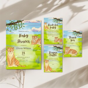 Paquete de baby shower de safari en la jungla, obsequio para bebé, plantilla de Canva editable, libros para bebé, sorteo de pañales, tarjeta de agradecimiento, revelación de género