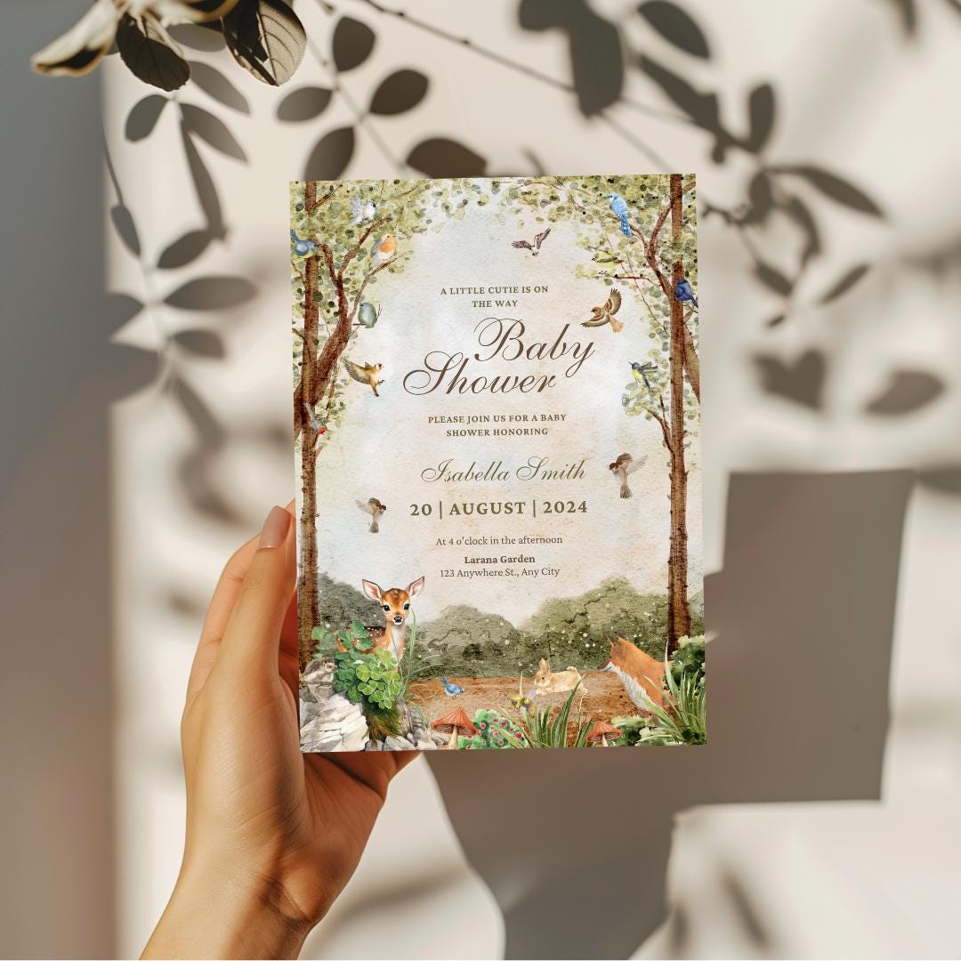 Editable Woodland Baby Shower Template, Greenery Woodland Baby Shower