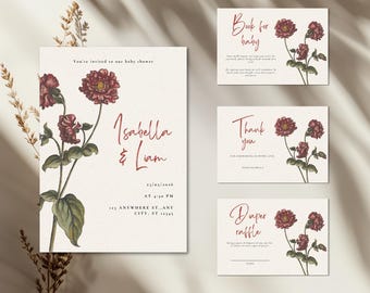 Vintage Floral Baby Shower Bundle | Books for Baby, Diaper Raffle, Thank You| Printable & Evite | Editable Canva Template | Instant Download