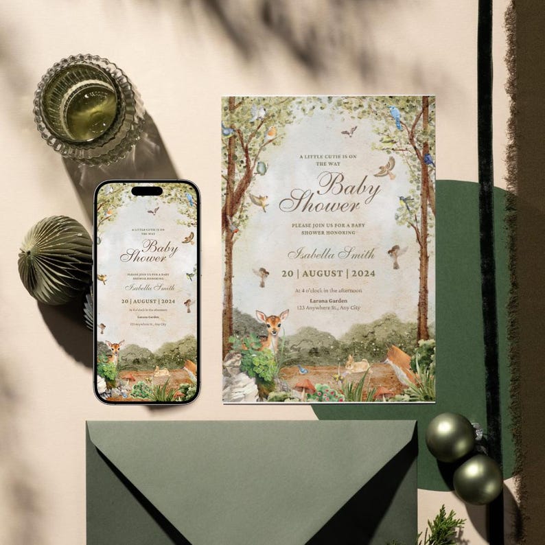 Editable Woodland Baby Shower Template, Greenery Woodland Baby Shower