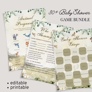 Editable Woodland Baby Shower Games Bundle, Greenery Woodland Baby Shower, Boy Woodland Shower Games, Woodland Animals Games, Gender Neutral