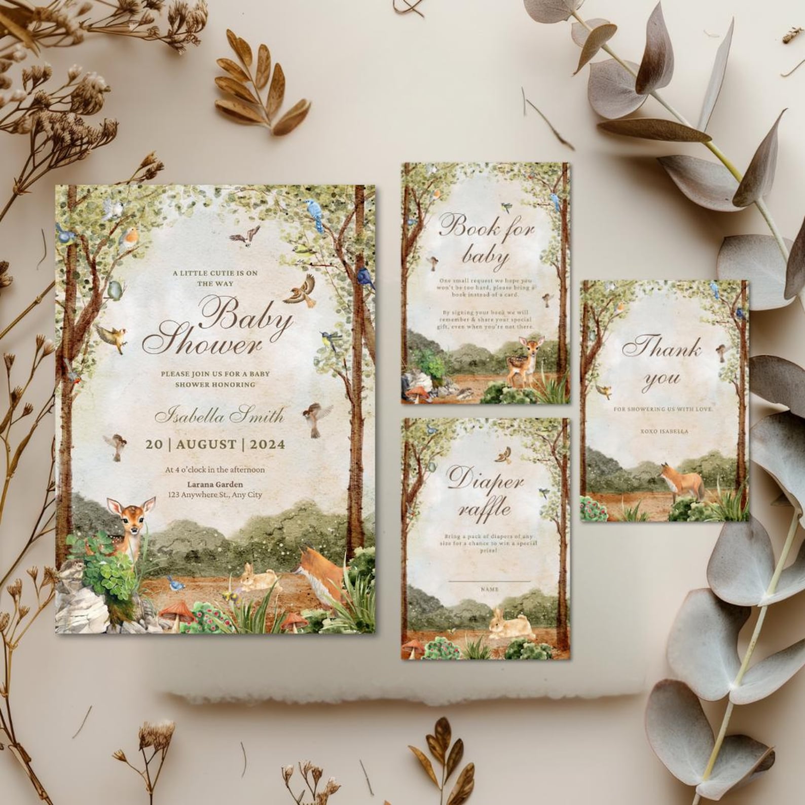Woodland Baby Shower Template Bundle, Greenery Woodland Baby Shower