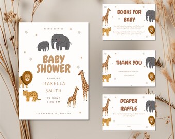 Safari Baby Shower Invitation Bundle | Jungle Theme | Editable Canva Template | Printable & Digital Evite | Cute Animal Baby Shower Set