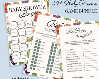 Zestaw gier na baby shower z lokalnie uprawianej uprawy, gry na baby shower z targu rolników, ekologiczne dziecko, warzywny baby shower, warzywny baby shower, do wydrukowania