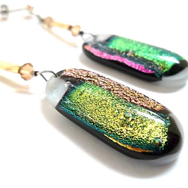 Dichroic Glass Earrings/Fused Glass Earrings/Dangle Earrings/Pink and Gold