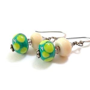 Polka Dot Lampworked Bead Earrings/Sterling Silver Earrings/Dangle Earrings/Green and Ivory