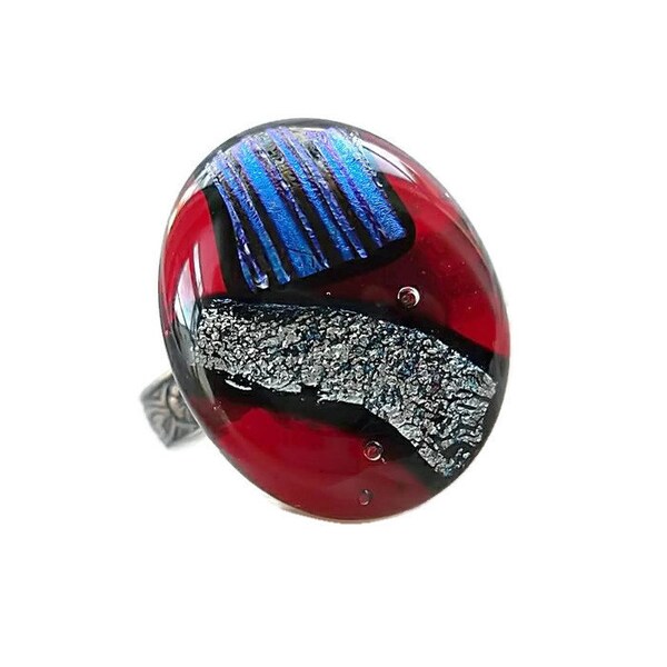 Dichroic Glass Ring/Fused Glass Ring/Adjustable Sterling Plated Band/ Red, Blue and Silver