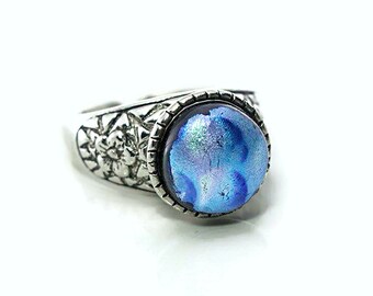 Dichroic Glass Ring, Fused Glass Ring, Blue Ring, Dichroic Jewelry, Fused Dichroic Glass Ring, Silver Ring, Kiln Fired Glass, 1118