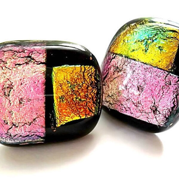 Dichroic Glass Stud Earrings, Fused Glass Earrings, Pink and Yellow, Glass Earrings, Post Earrings, Large Post Earrings, Stud earrings