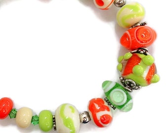 Handmade Beaded Bracelet, Lampworked Bracelet, Beaded Bracelet, Orange, Ivory and Green Bracelet, Silver and Bead Bracelet, Orange, Green