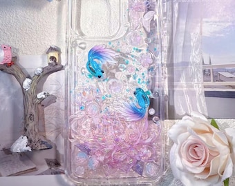 Handmade Decoden Phone Case: 3D fish, pink-blue design