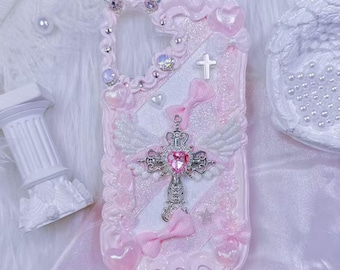 Handmade Decoden Phone Case: cross, wings design