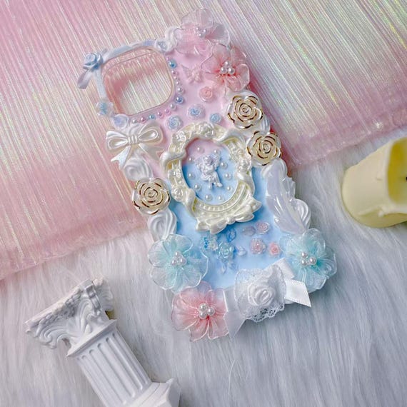 Handmade Cream Glue Phone Case, Flower, Angle, Pink and Blue Design - Etsy