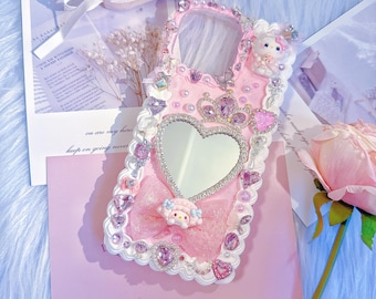 Handmade Cream Glue Phone Case with Mirror, Kawaii Design