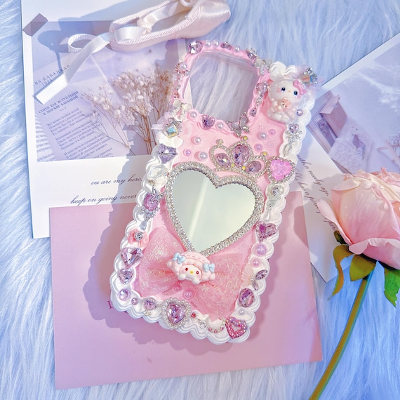 Handmade Cream Glue Phone Case With Mirror, Kawaii Design - Etsy Israel