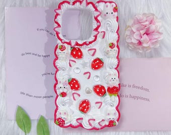 Handmade Decoden Phone Case: strawberry, rabbit design