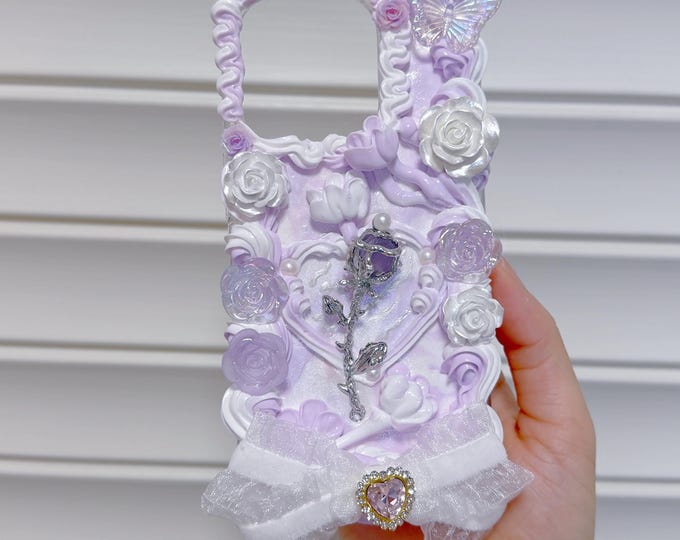 Featured listing image: Handmade Purple Rose and Bow Decoden Phone Case – Cute 3D Resin Flower & Butterfly iPhone Cover.Handmade decoden phone case