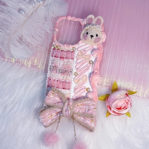 Handmade Decoden Phone Case: Pink Bunny, Bow, Cream Glue Drip