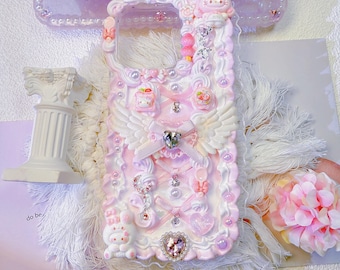 Handmade cream glue phone case, pink, wings design